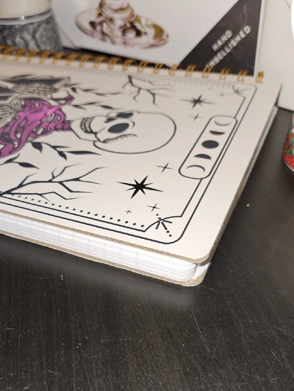 The Notetaker Spiral Notebook – White with Black & Purple Skeleton Design